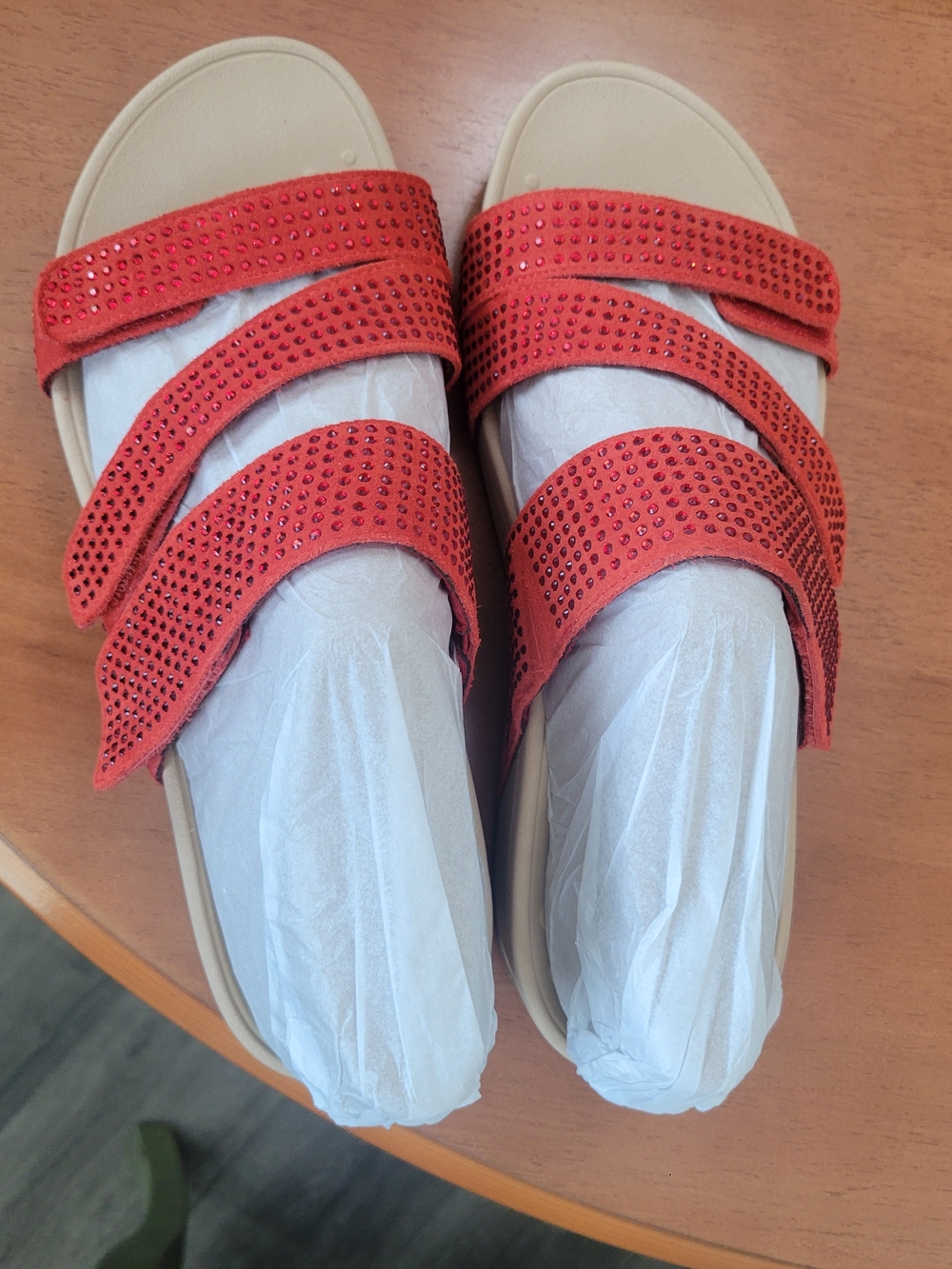 Vionic Red Triple-Strap Rhinestone Slide Sandals